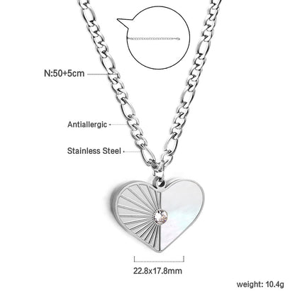 Heart with Half White Shell with Diamonds Pendant Necklace 50+5cm asonjewelry