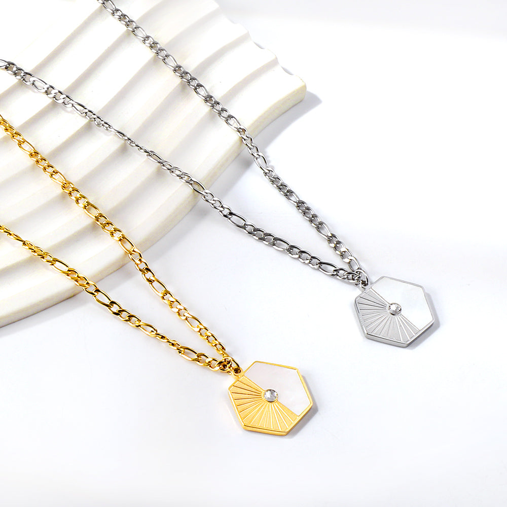 Hexagonal with half white shell with diamonds pendant necklace 50+5cm asonjewelry