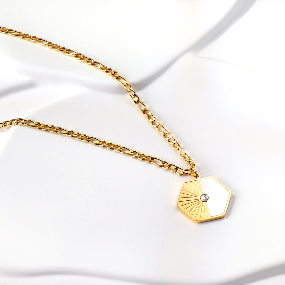 Hexagonal with half white shell with diamonds pendant necklace 50+5cm asonjewelry
