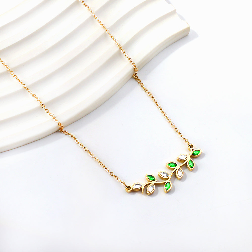 Leaf Mixed Colour Diamond Pendant Necklace 45+5cm asonjewelry