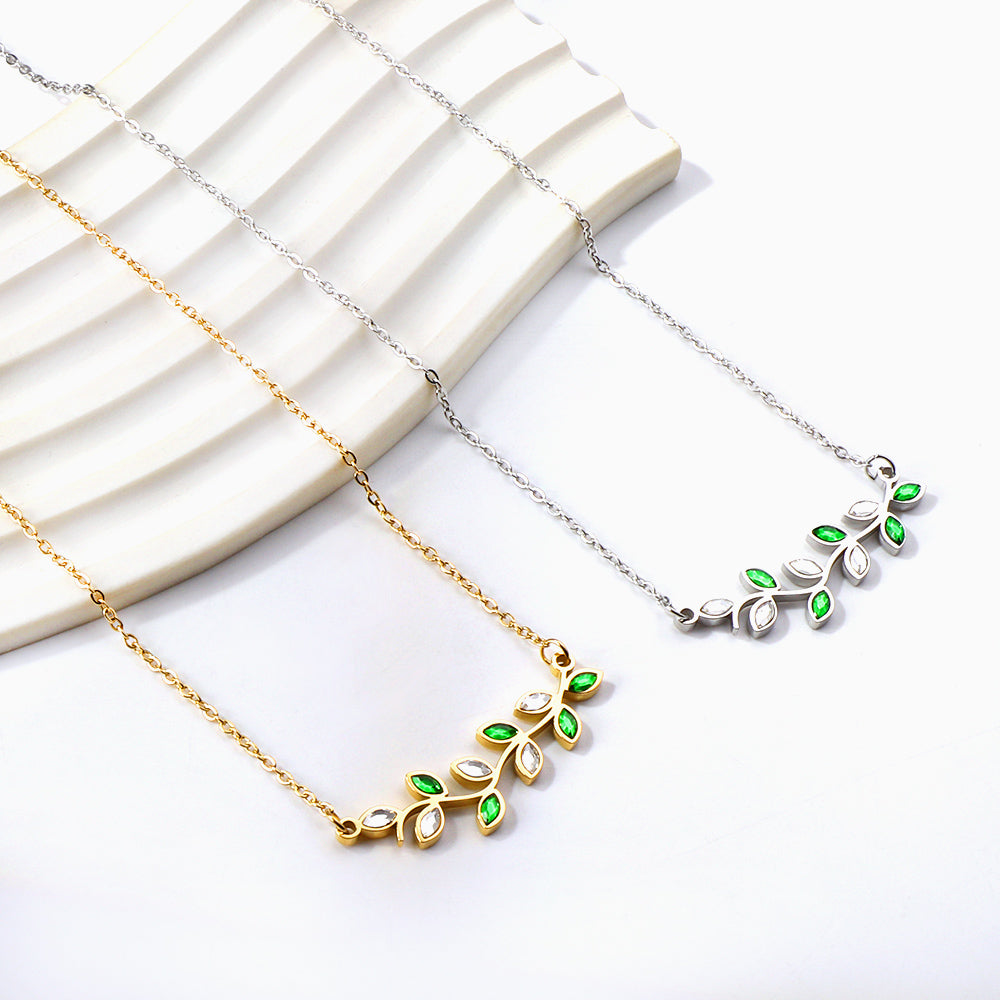 Leaf Mixed Colour Diamond Pendant Necklace 45+5cm asonjewelry