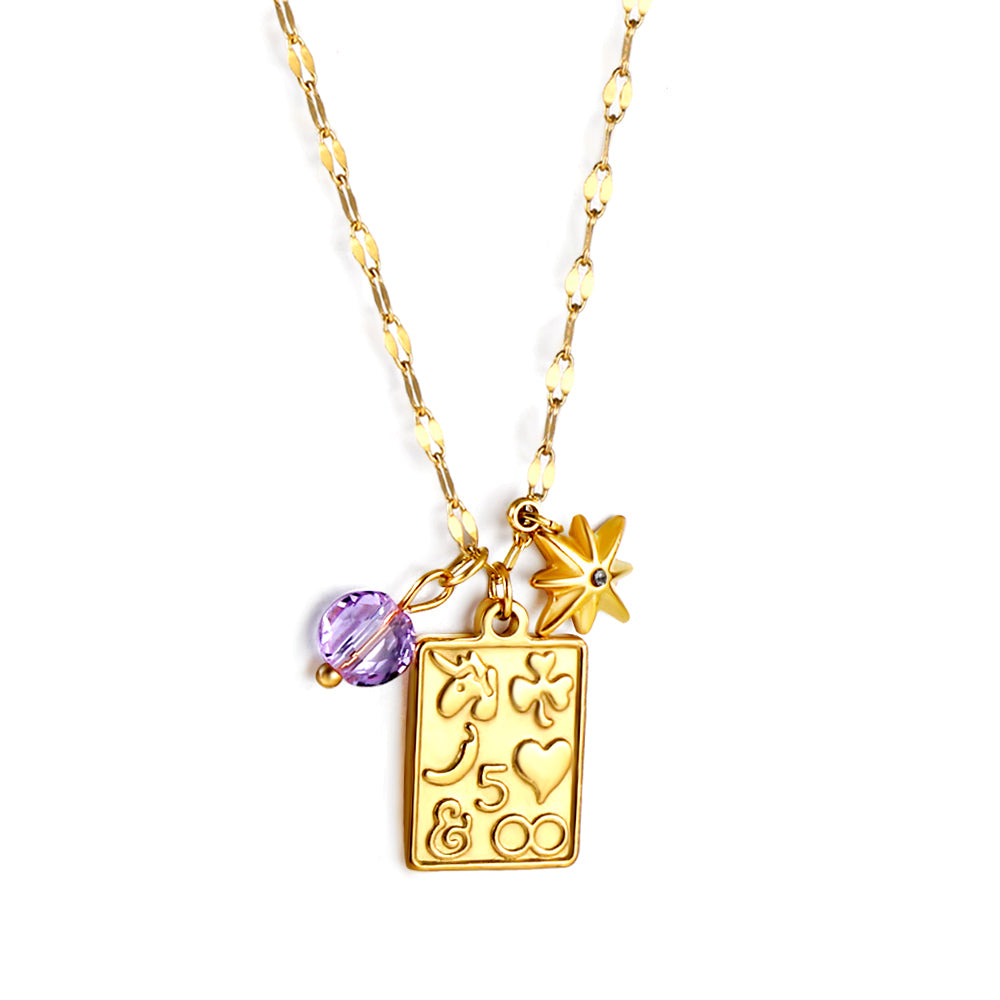 Lucky Star with White Diamonds + Rectangular Engraved Pattern + Purple Zirconia Pendant Necklace 45+5cm asonjewelry