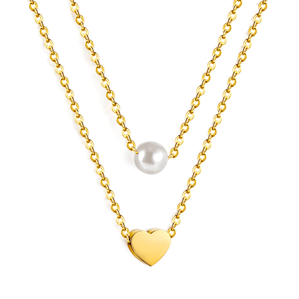 Heart + White Pearl Pendant Double Chain 43+40cm asonjewelry
