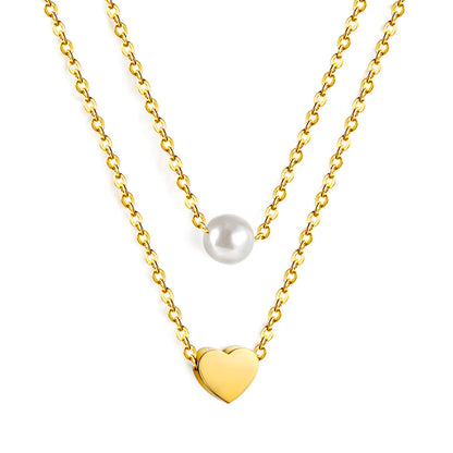 Heart + White Pearl Pendant Double Chain 43+40cm asonjewelry