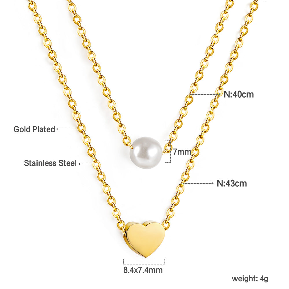 Heart + White Pearl Pendant Double Chain 43+40cm asonjewelry