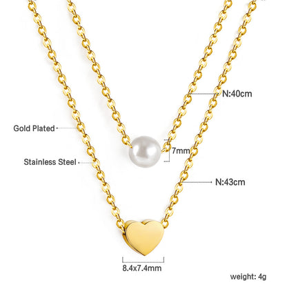 Heart + White Pearl Pendant Double Chain 43+40cm asonjewelry