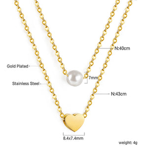 Heart + White Pearl Pendant Double Chain 43+40cm