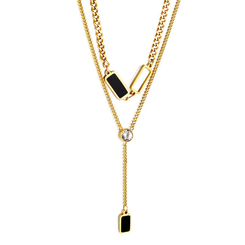 2 rectangular black oil drops + 1 long square box + white diamond pendant double chain 50+45+5cm