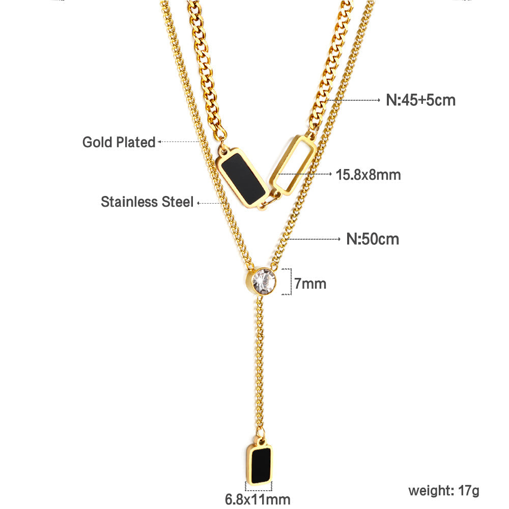 2 rectangular black oil drops + 1 long square box + white diamond pendant double chain 50+45+5cm asonjewelry