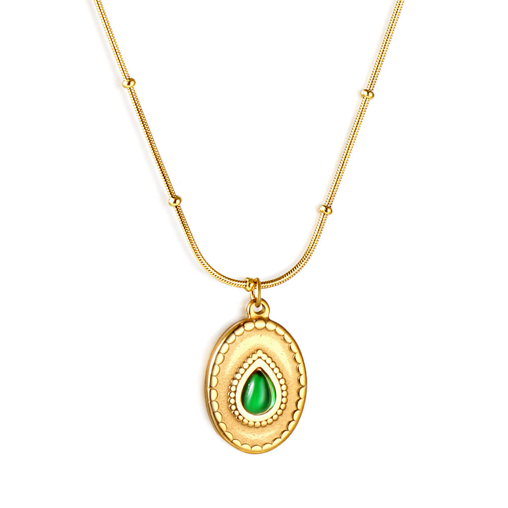 Long Round Pendant with Green Diamonds Necklace 42+5cm asonjewelry