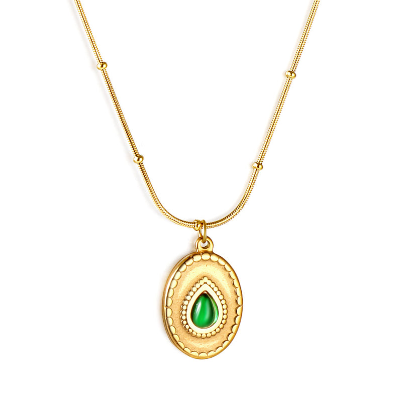 Long Round Pendant with Green Diamonds Necklace 42+5cm