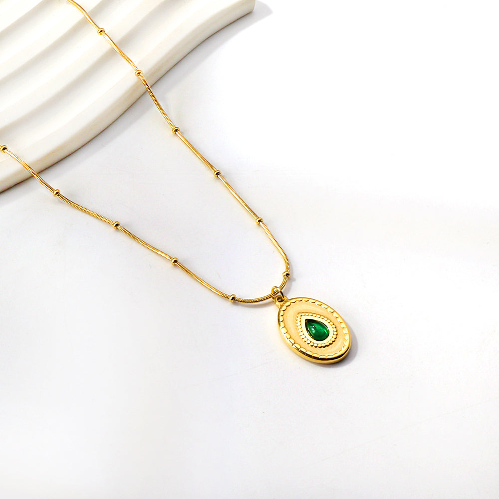 Long Round Pendant with Green Diamonds Necklace 42+5cm asonjewelry