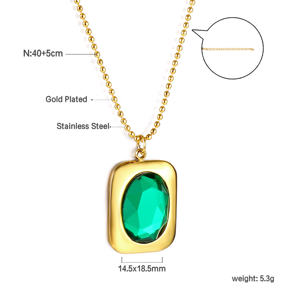 Rectangle Pendant with Green Diamonds Necklace 40+5cm asonjewelry