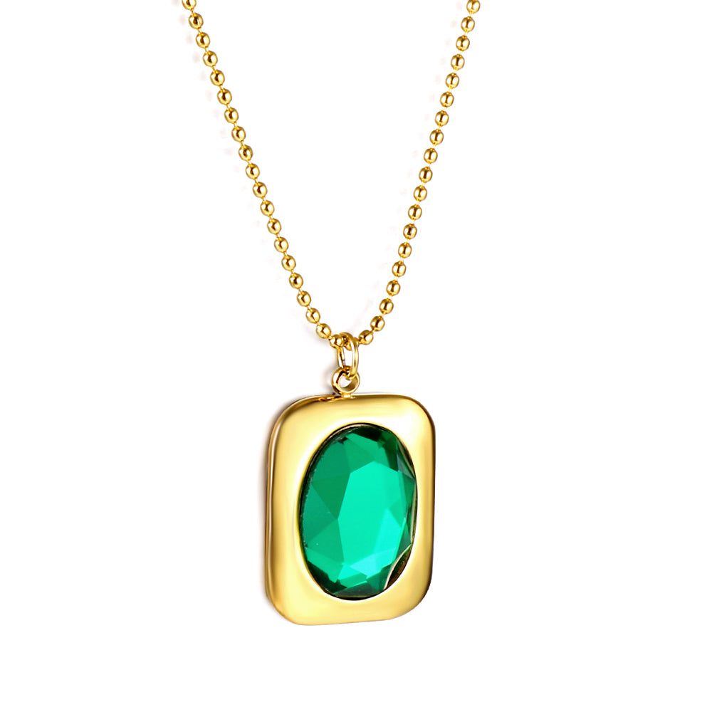 Rectangle Pendant with Green Diamonds Necklace 40+5cm asonjewelry