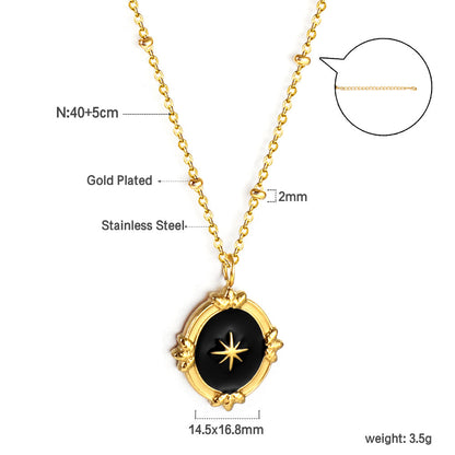 Black Drip Oil Long Round Pendant with Lucky Star + Bead Chain Necklace 40+5cm Golden asonjewelry