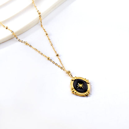 Black Drip Oil Long Round Pendant with Lucky Star + Bead Chain Necklace 40+5cm Golden asonjewelry