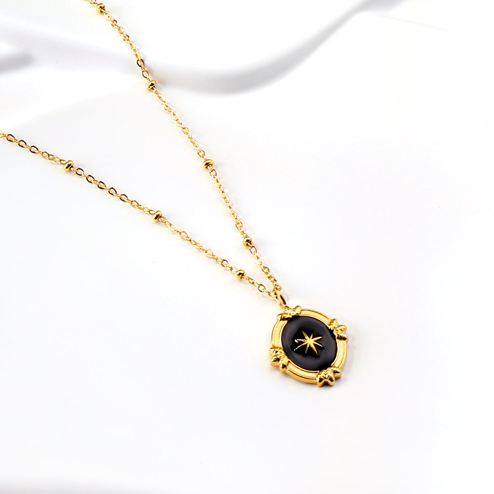 Black Drip Oil Long Round Pendant with Lucky Star + Bead Chain Necklace 40+5cm Golden asonjewelry