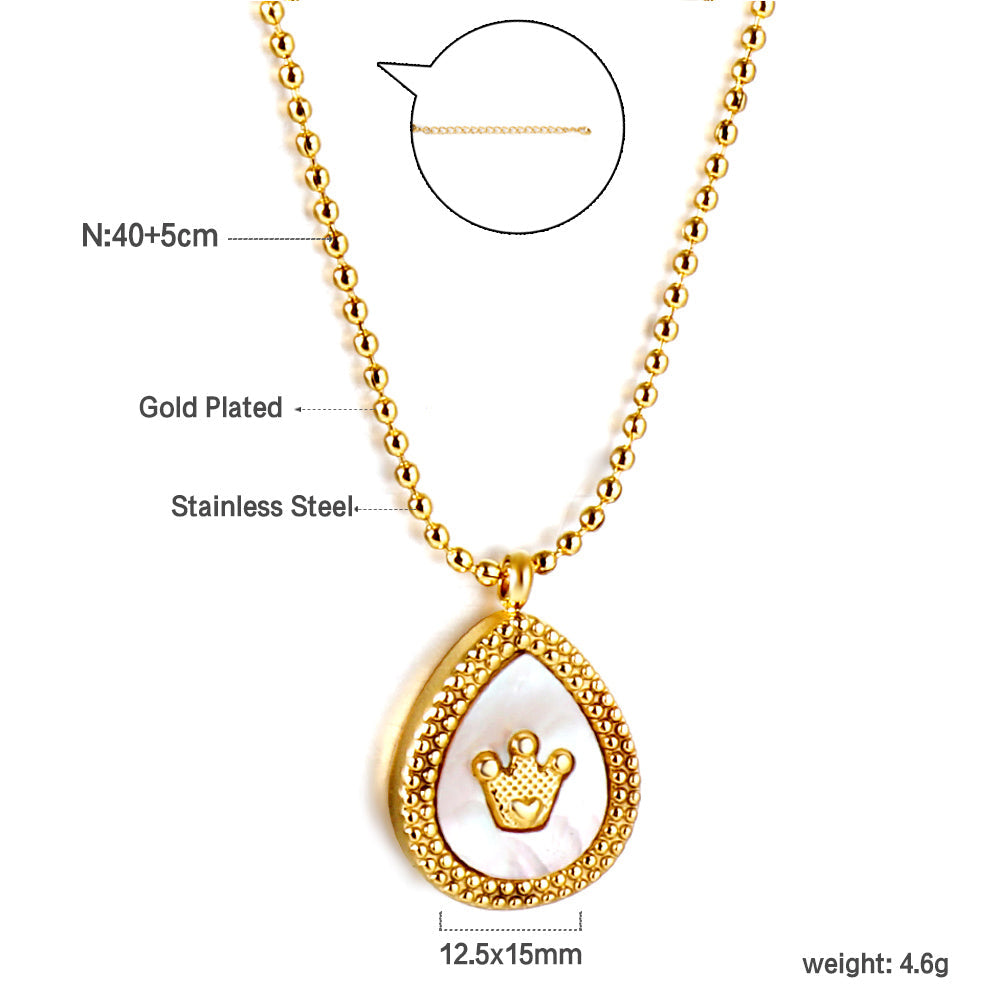 Teardrop White Shell Pendant with Crown Bead Chain Necklace 40+5cm asonjewelry
