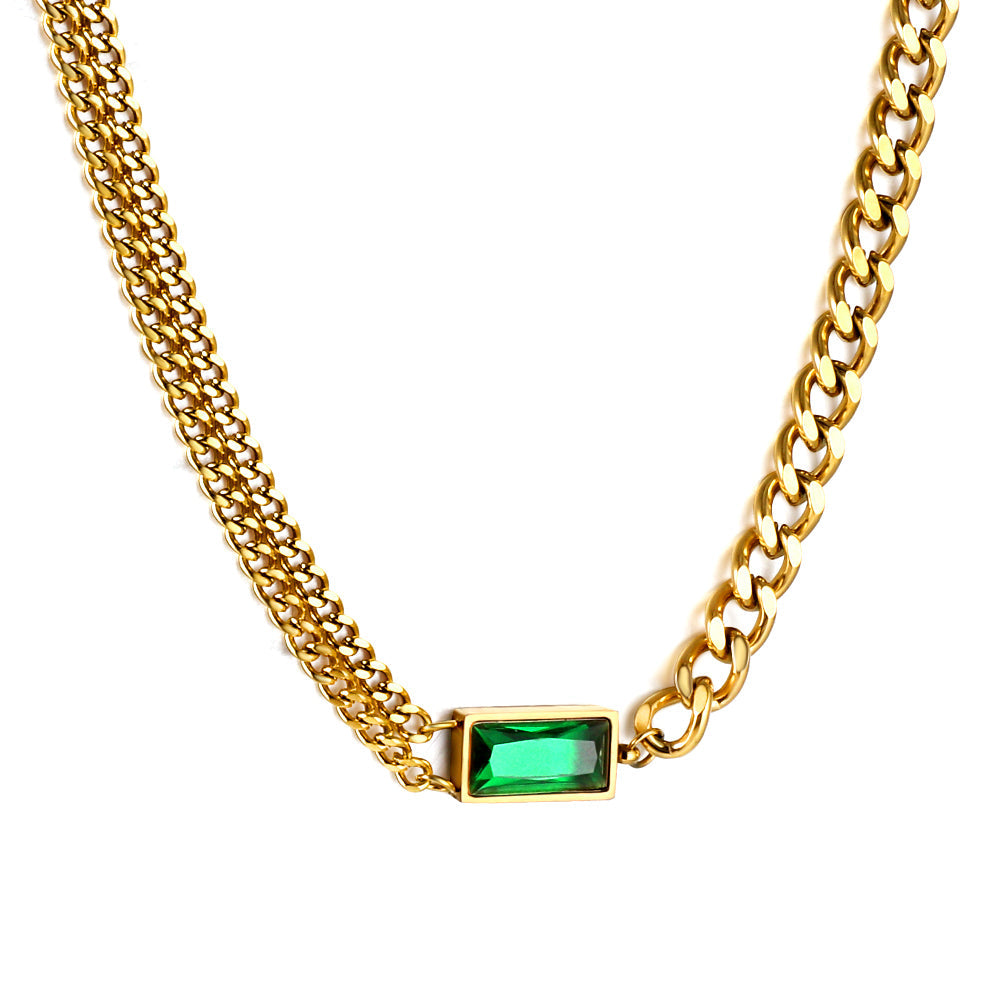 Rectangle Pendant with Green Diamonds Necklace 40+5cm asonjewelry