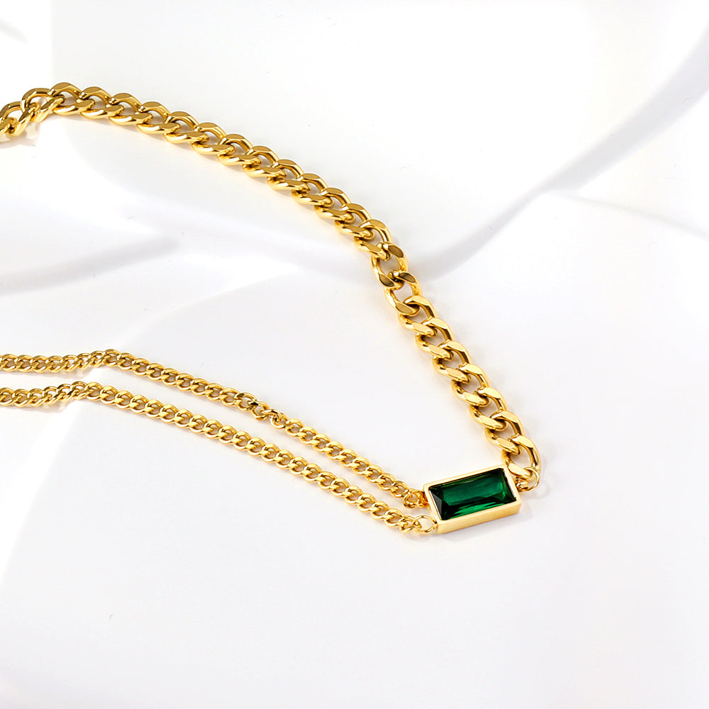 Rectangle Pendant with Green Diamonds Necklace 40+5cm asonjewelry