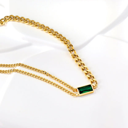 Rectangle Pendant with Green Diamonds Necklace 40+5cm asonjewelry
