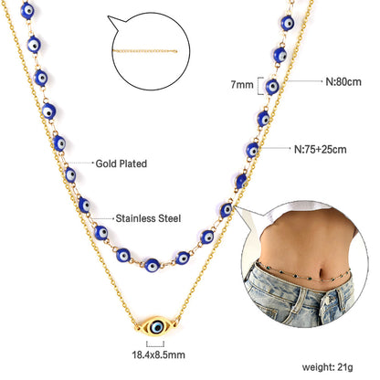 54 blue cat's eye chain + blue eye pendant double waist chain 80+75+25cm asonjewelry