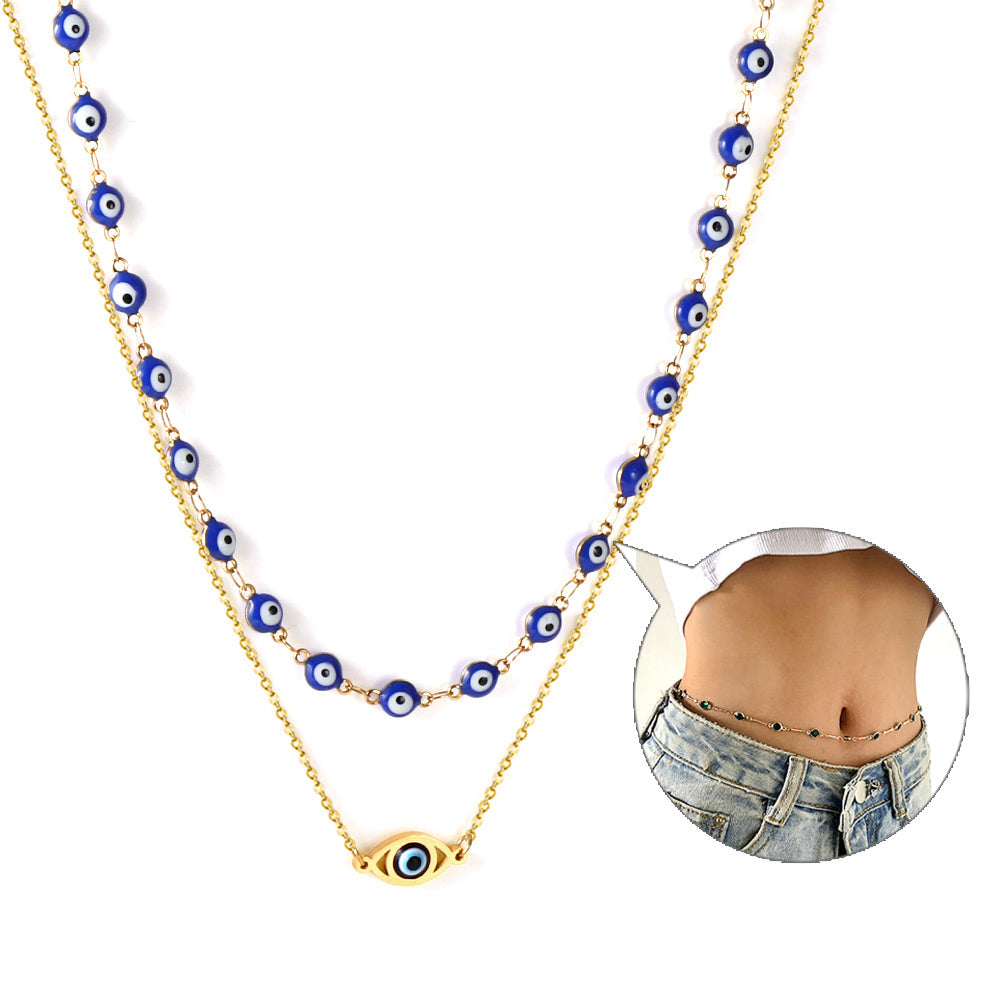 54 blue cat's eye chain + blue eye pendant double waist chain 80+75+25cm asonjewelry