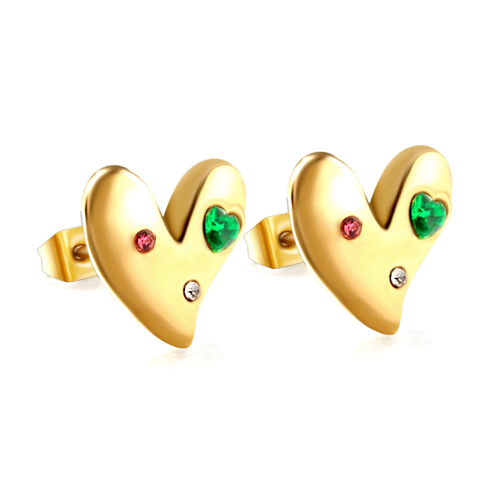 Heart with White + Rose + Green Diamonds Stud Earrings asonjewelry