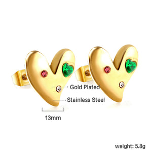 Heart with White + Rose + Green Diamonds Stud Earrings