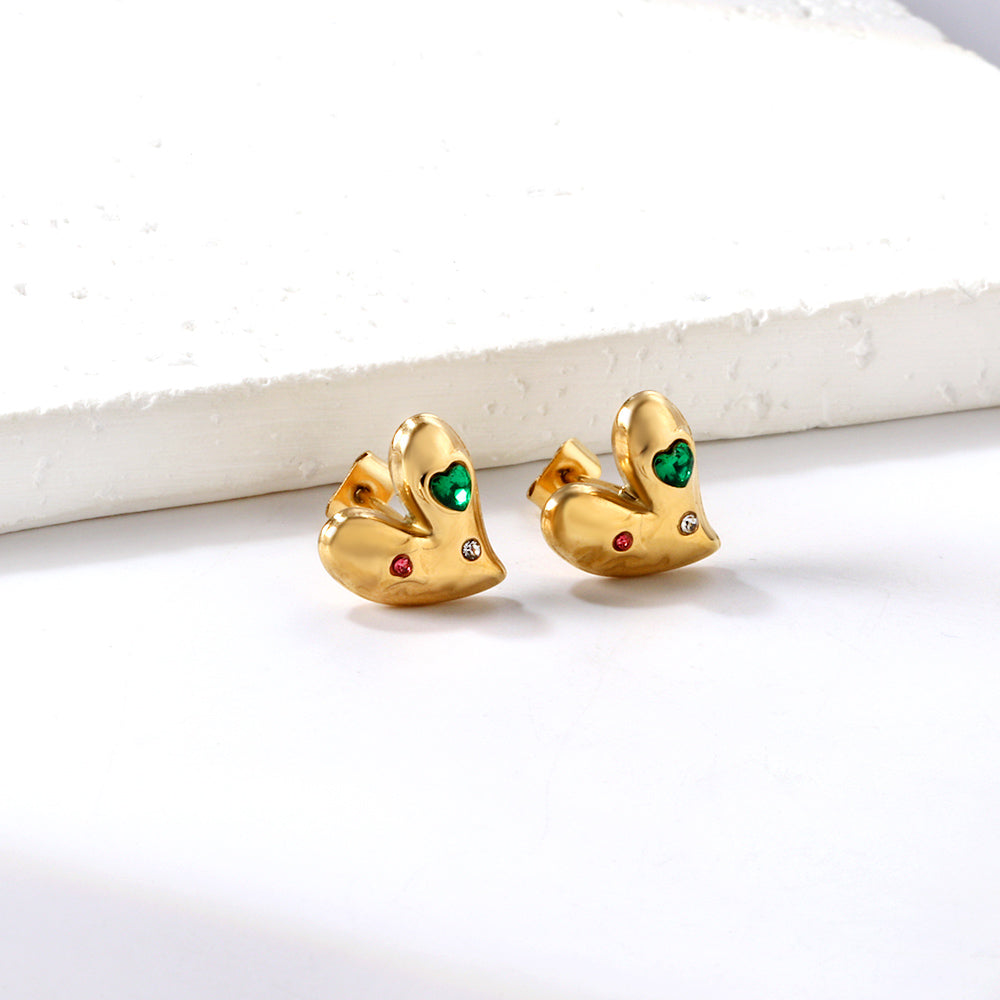 Heart with White + Rose + Green Diamonds Stud Earrings asonjewelry