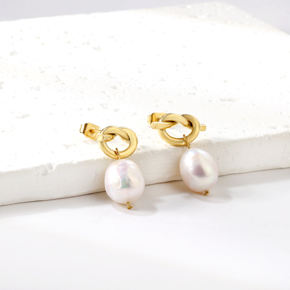 Rope Knot + White Pearl Stud Earrings asonjewelry