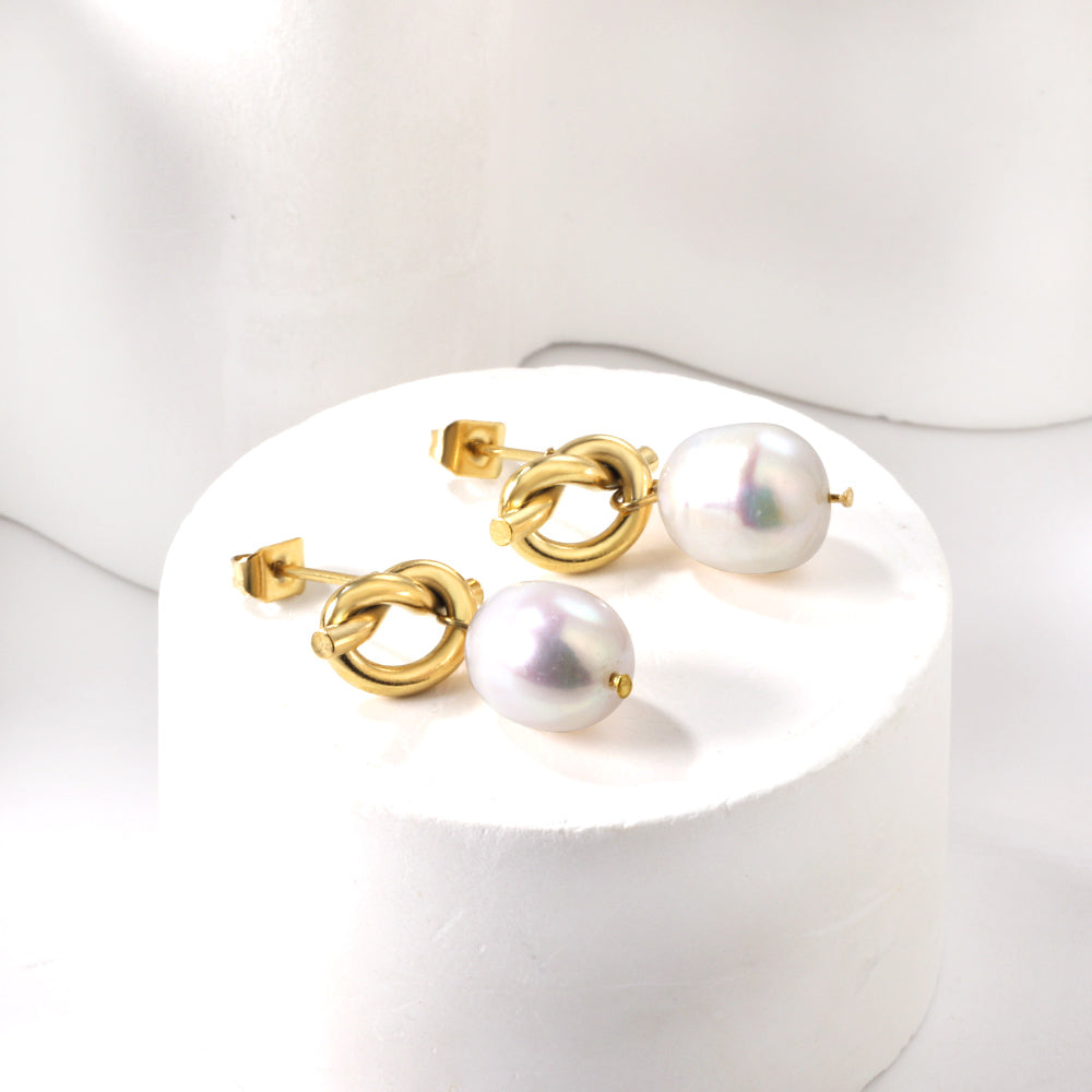 Rope Knot + White Pearl Stud Earrings asonjewelry