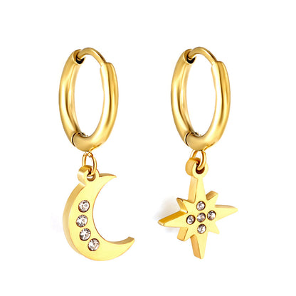 1.6x13.5mm Circle with Stars and Moon with Diamonds Earrings asonjewelry