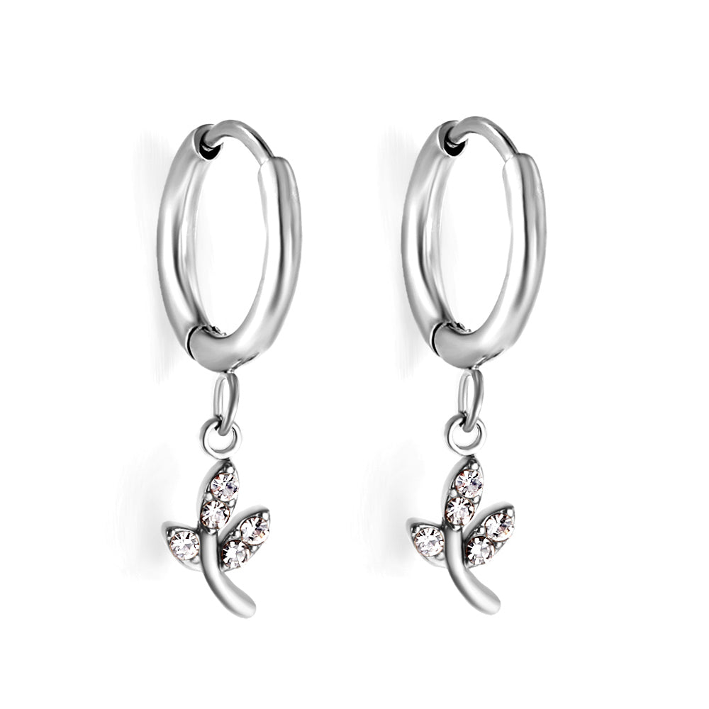 1.6x10mm circle with leaf white diamond stud earrings asonjewelry