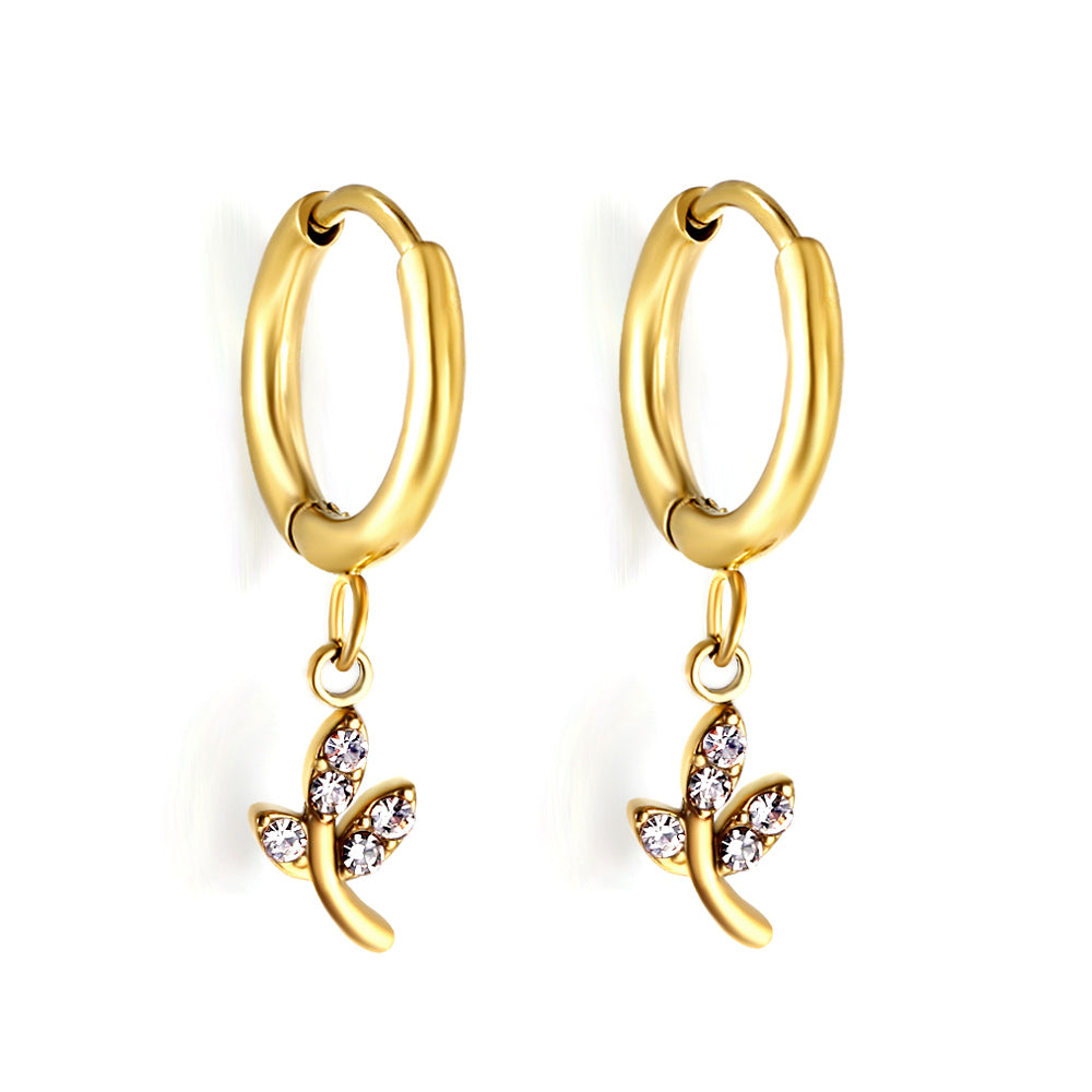 1.6x10mm circle with leaf white diamond stud earrings asonjewelry