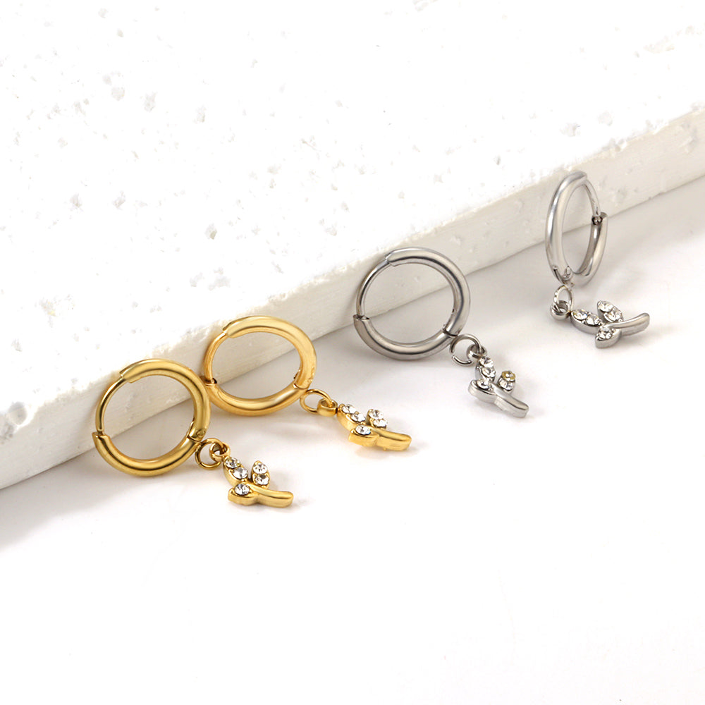 1.6x10mm circle with leaf white diamond stud earrings asonjewelry