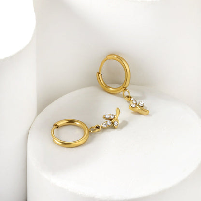 1.6x10mm circle with leaf white diamond stud earrings asonjewelry