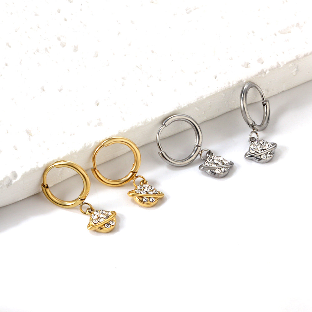 1.6x10mm Circle with Planet + Orbit White Diamond Stud Earrings asonjewelry