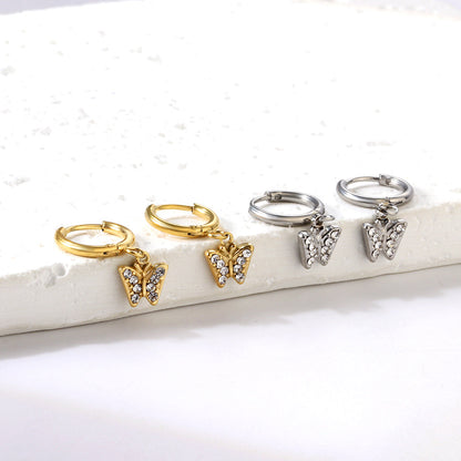 1.6x10mm circle with butterfly white diamond stud earrings asonjewelry