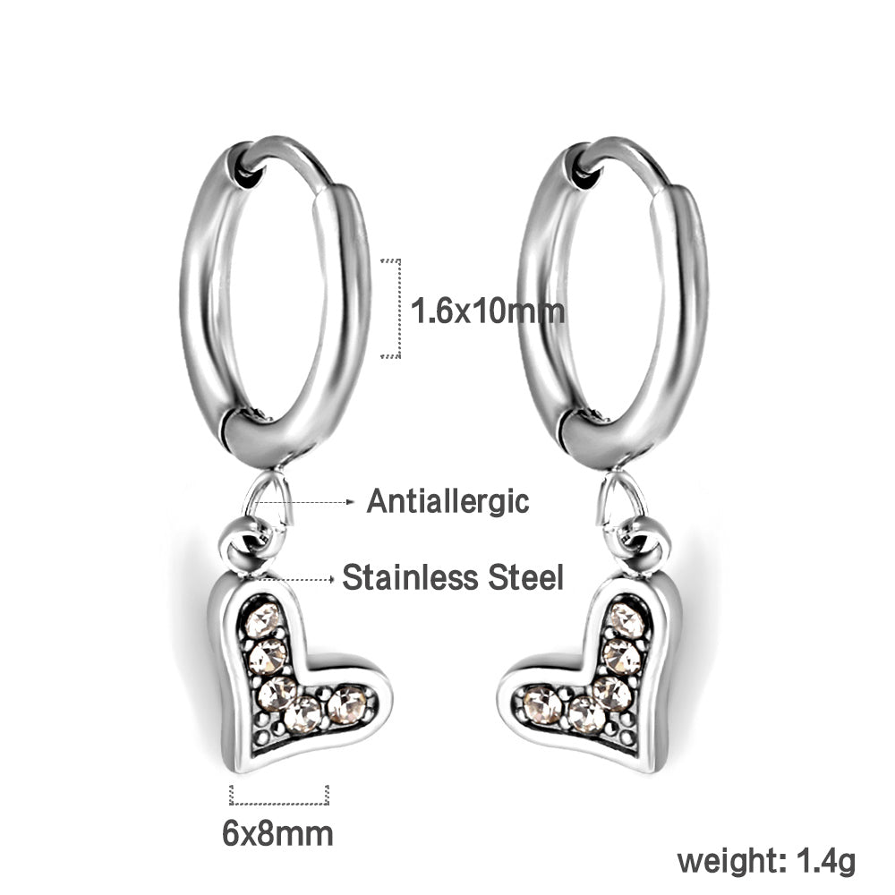 1.6x10mm circle white diamond stud earrings with crooked heart asonjewelry