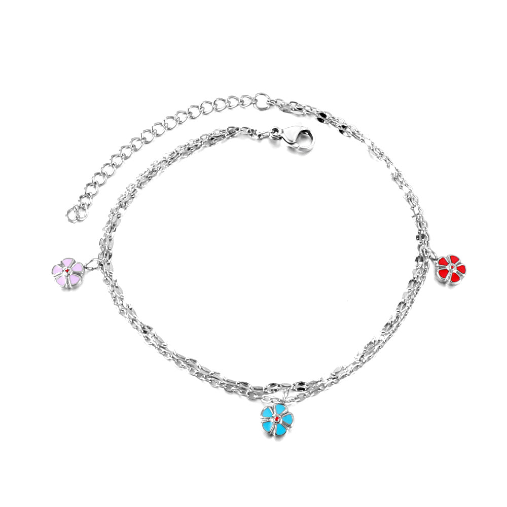 3 Mixed Peach Blossom with chain + chain with double anklet 21+5cm gold color steel color asonjewelry