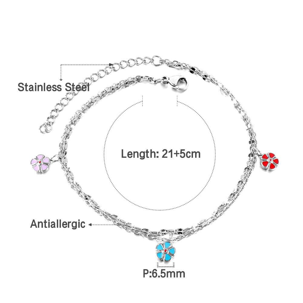 3 Mixed Peach Blossom with chain + chain with double anklet 21+5cm gold color steel color asonjewelry