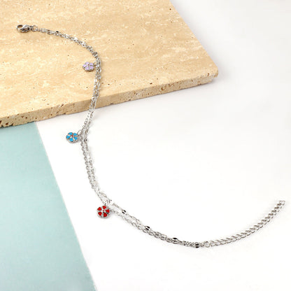 3 Mixed Peach Blossom with chain + chain with double anklet 21+5cm gold color steel color asonjewelry