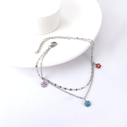 3 Mixed Peach Blossom with chain + chain with double anklet 21+5cm gold color steel color asonjewelry