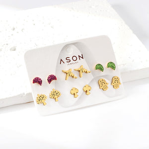 Six Pairs Mixed Snap Cut Current / Sticky White Clay Moon Stud Earrings gold color