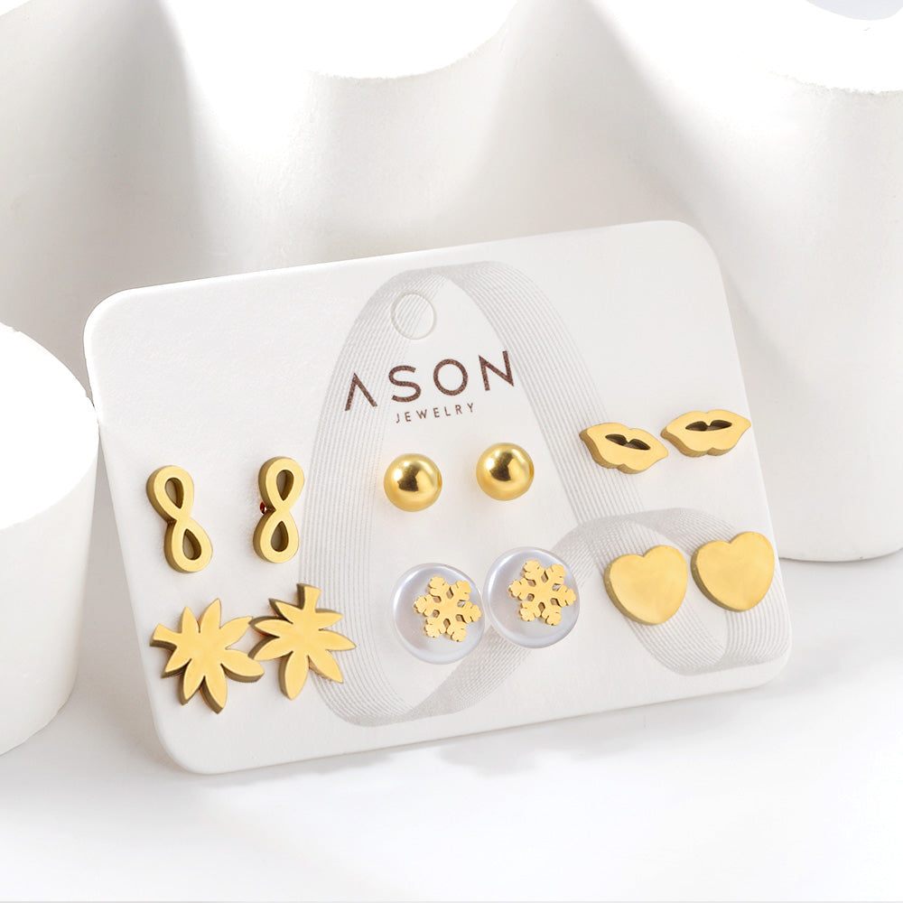 Six pairs of mixed card mounted cut glossy lips / maple leaf stud earrings gold color asonjewelry