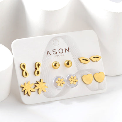 Six pairs of mixed card mounted cut glossy lips / maple leaf stud earrings gold color asonjewelry