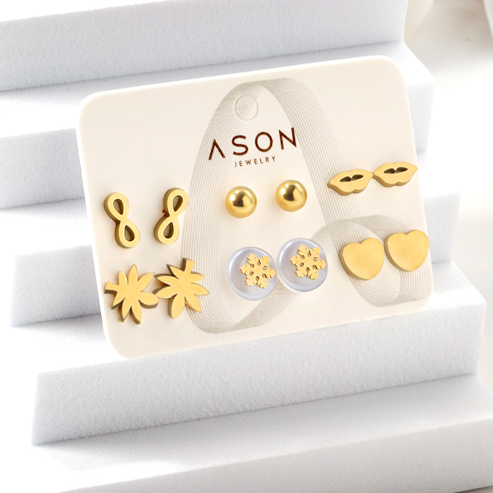 Six pairs of mixed card mounted cut glossy lips / maple leaf stud earrings gold color asonjewelry