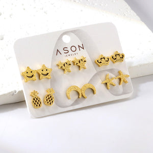 Six Pairs Mixed Snap Cut Frosted Pineapple / Starfish Stud Earrings Goldtone