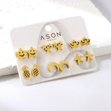 Six Pairs Mixed Snap Cut Frosted Pineapple / Starfish Stud Earrings Goldtone